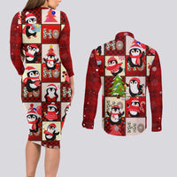 Cute Christmas Penguin Couples Matching Long Sleeve Bodycon Dress and Long Sleeve Button Shirt Cozy Winter Ho Ho Ho Holiday Fun - Wonder Print Shop