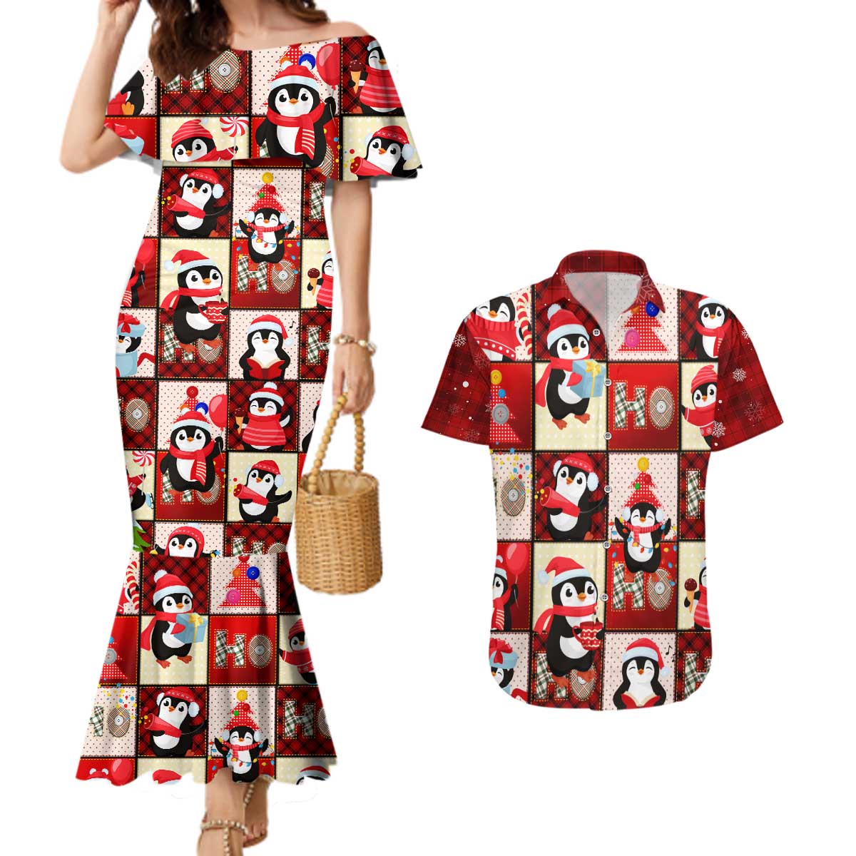Cute Christmas Penguin Couples Matching Mermaid Dress and Hawaiian Shirt Cozy Winter Ho Ho Ho Holiday Fun - Wonder Print Shop