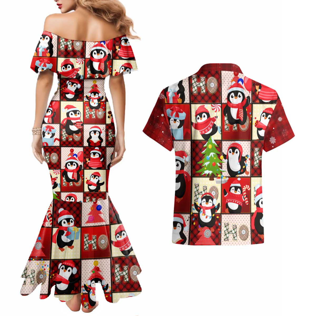 Cute Christmas Penguin Couples Matching Mermaid Dress and Hawaiian Shirt Cozy Winter Ho Ho Ho Holiday Fun - Wonder Print Shop