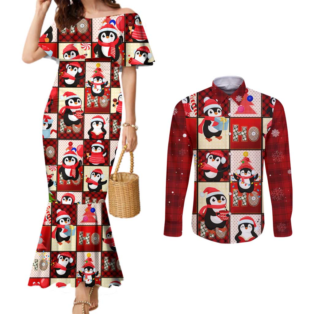 Cute Christmas Penguin Couples Matching Mermaid Dress and Long Sleeve Button Shirt Cozy Winter Ho Ho Ho Holiday Fun - Wonder Print Shop