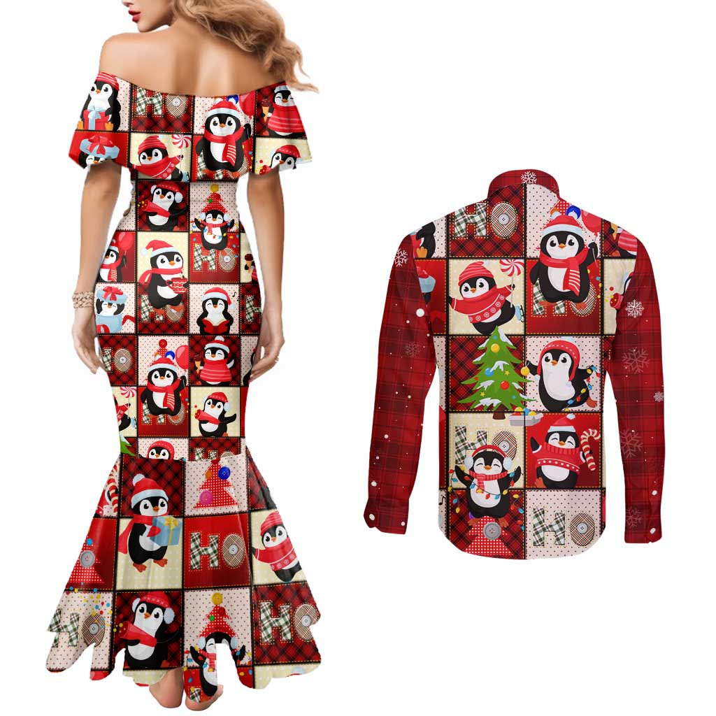 Cute Christmas Penguin Couples Matching Mermaid Dress and Long Sleeve Button Shirt Cozy Winter Ho Ho Ho Holiday Fun - Wonder Print Shop