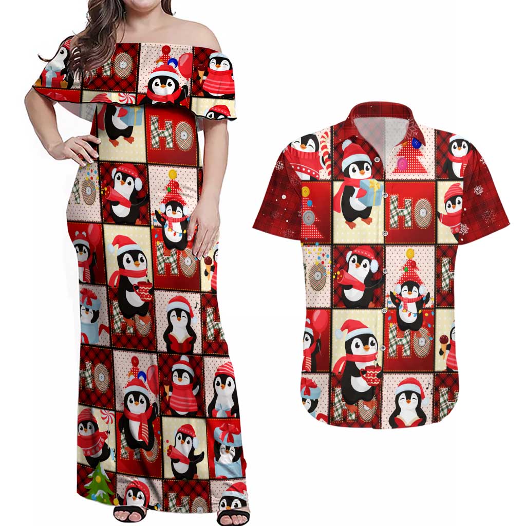 Cute Christmas Penguin Couples Matching Off Shoulder Maxi Dress and Hawaiian Shirt Cozy Winter Ho Ho Ho Holiday Fun - Wonder Print Shop