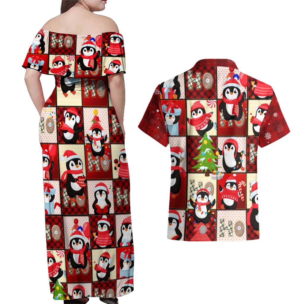Cute Christmas Penguin Couples Matching Off Shoulder Maxi Dress and Hawaiian Shirt Cozy Winter Ho Ho Ho Holiday Fun - Wonder Print Shop