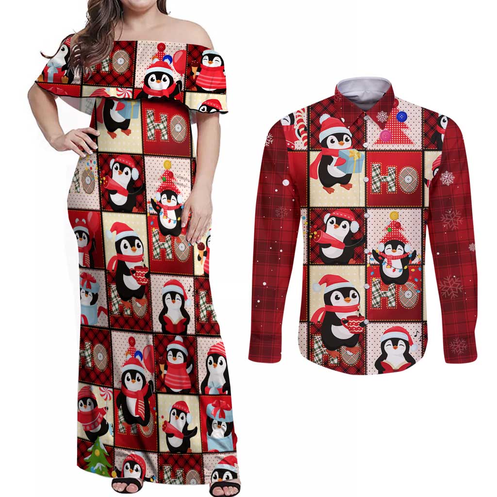 Cute Christmas Penguin Couples Matching Off Shoulder Maxi Dress and Long Sleeve Button Shirt Cozy Winter Ho Ho Ho Holiday Fun - Wonder Print Shop