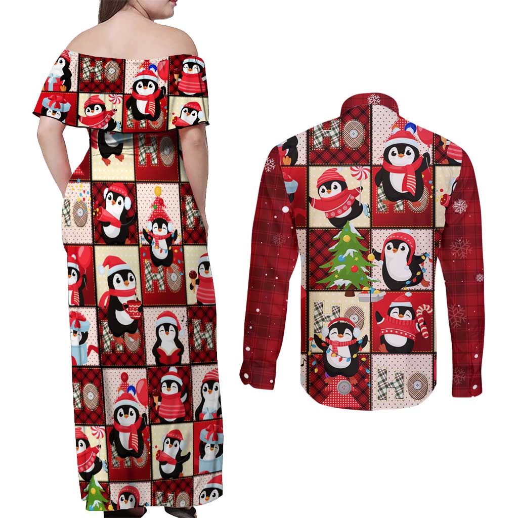 Cute Christmas Penguin Couples Matching Off Shoulder Maxi Dress and Long Sleeve Button Shirt Cozy Winter Ho Ho Ho Holiday Fun - Wonder Print Shop
