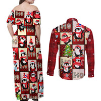 Cute Christmas Penguin Couples Matching Off Shoulder Maxi Dress and Long Sleeve Button Shirt Cozy Winter Ho Ho Ho Holiday Fun - Wonder Print Shop