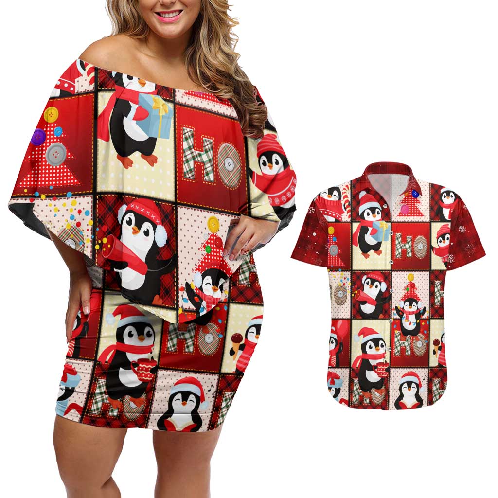 Cute Christmas Penguin Couples Matching Off Shoulder Short Dress and Hawaiian Shirt Cozy Winter Ho Ho Ho Holiday Fun - Wonder Print Shop