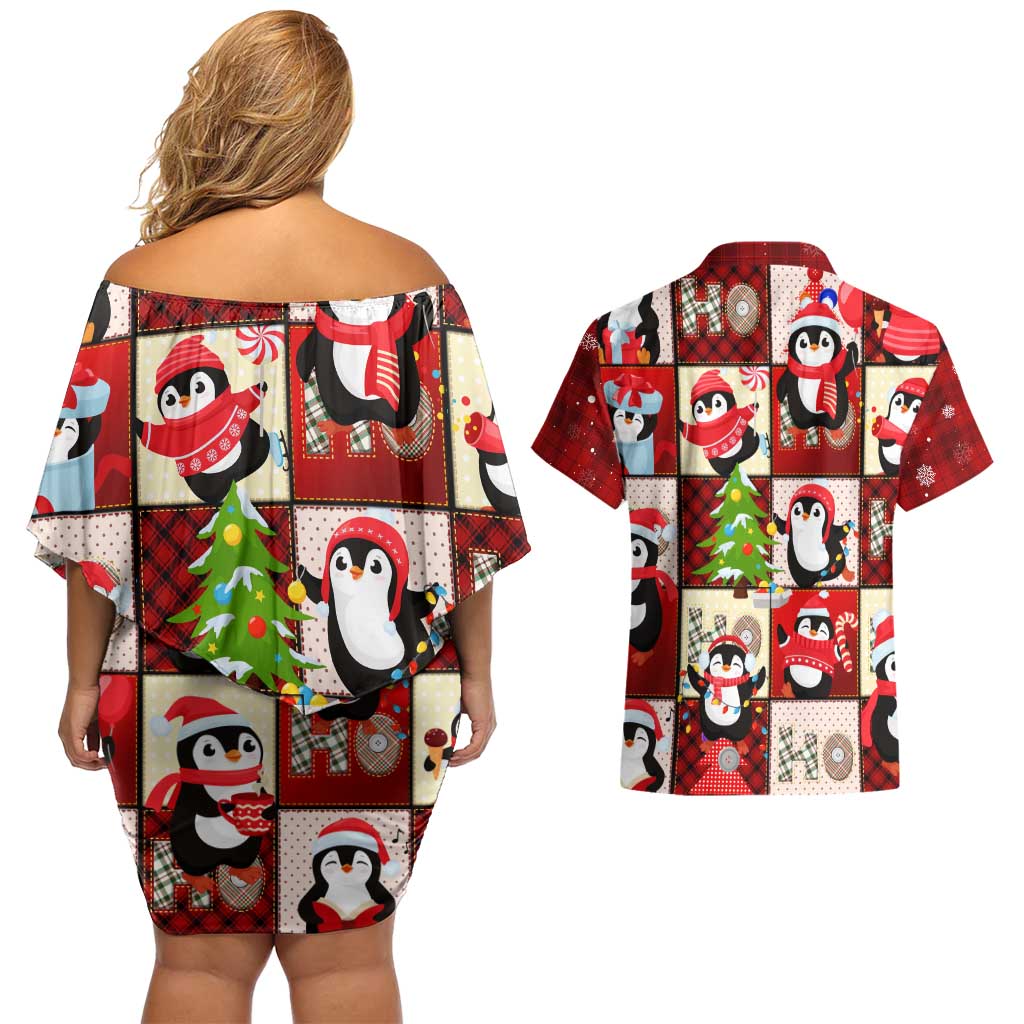 Cute Christmas Penguin Couples Matching Off Shoulder Short Dress and Hawaiian Shirt Cozy Winter Ho Ho Ho Holiday Fun - Wonder Print Shop