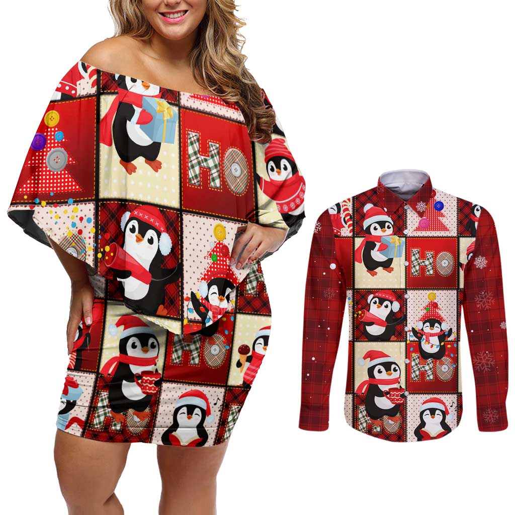 Cute Christmas Penguin Couples Matching Off Shoulder Short Dress and Long Sleeve Button Shirt Cozy Winter Ho Ho Ho Holiday Fun - Wonder Print Shop