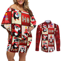 Cute Christmas Penguin Couples Matching Off Shoulder Short Dress and Long Sleeve Button Shirt Cozy Winter Ho Ho Ho Holiday Fun - Wonder Print Shop