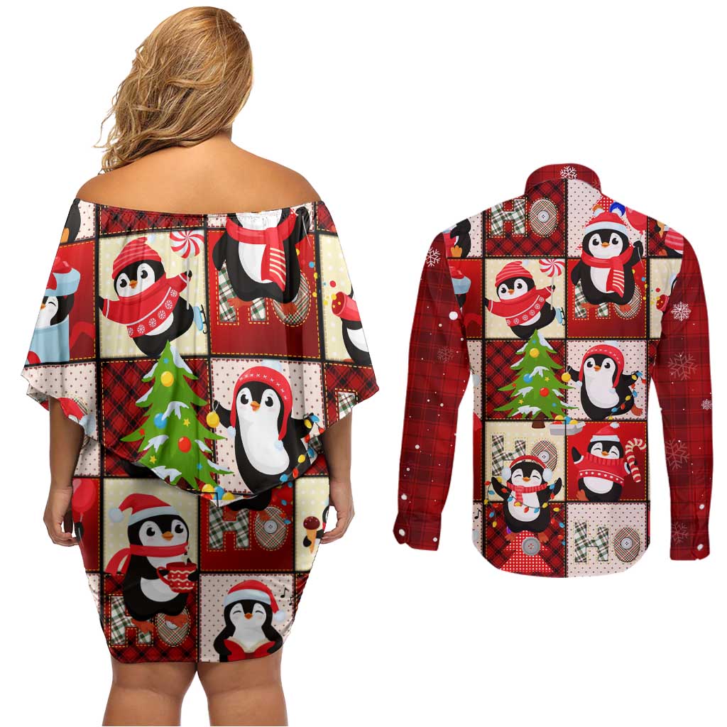 Cute Christmas Penguin Couples Matching Off Shoulder Short Dress and Long Sleeve Button Shirt Cozy Winter Ho Ho Ho Holiday Fun - Wonder Print Shop