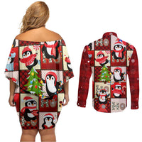Cute Christmas Penguin Couples Matching Off Shoulder Short Dress and Long Sleeve Button Shirt Cozy Winter Ho Ho Ho Holiday Fun - Wonder Print Shop