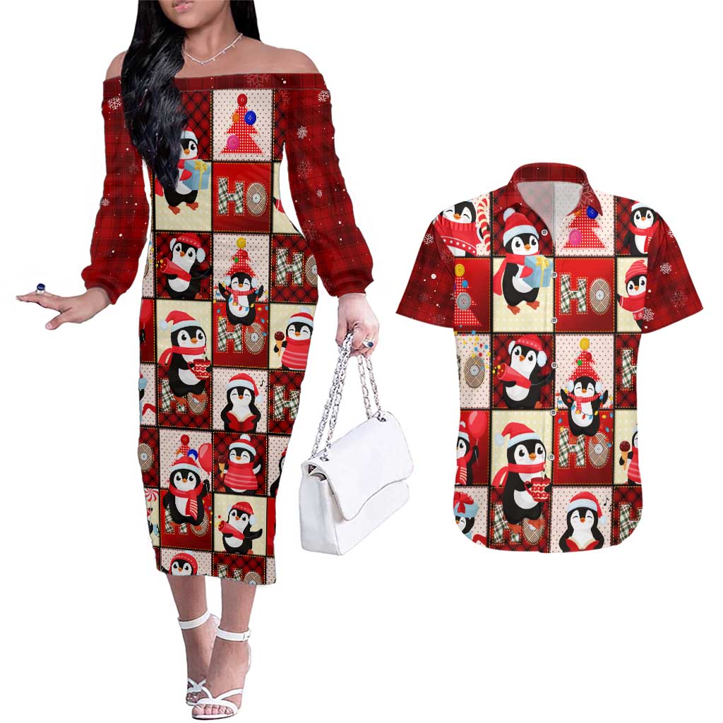 Cute Christmas Penguin Couples Matching Off The Shoulder Long Sleeve Dress and Hawaiian Shirt Cozy Winter Ho Ho Ho Holiday Fun - Wonder Print Shop