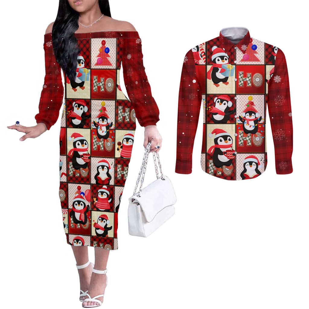 Cute Christmas Penguin Couples Matching Off The Shoulder Long Sleeve Dress and Long Sleeve Button Shirt Cozy Winter Ho Ho Ho Holiday Fun - Wonder Print Shop