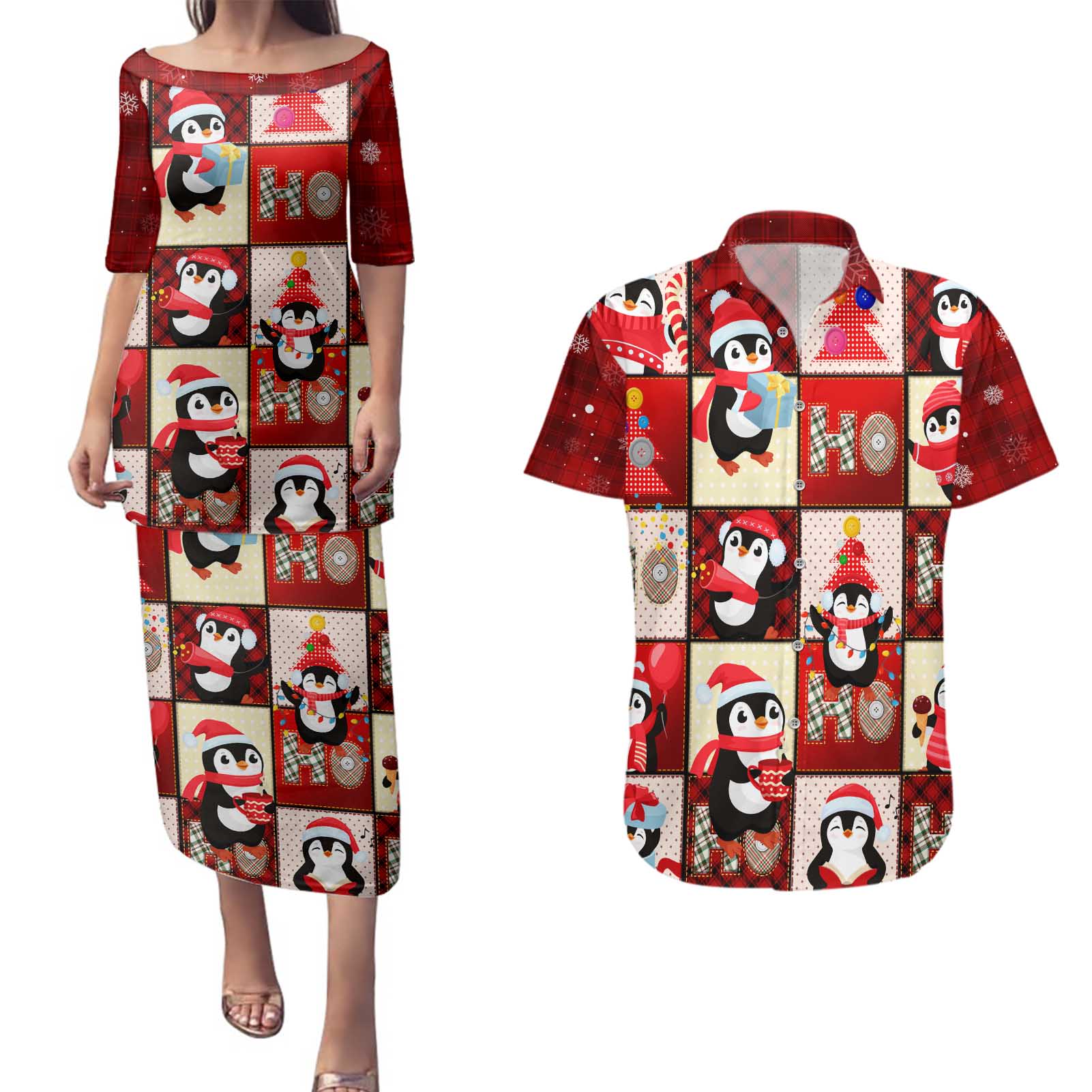 Cute Christmas Penguin Couples Matching Puletasi and Hawaiian Shirt Cozy Winter Ho Ho Ho Holiday Fun - Wonder Print Shop