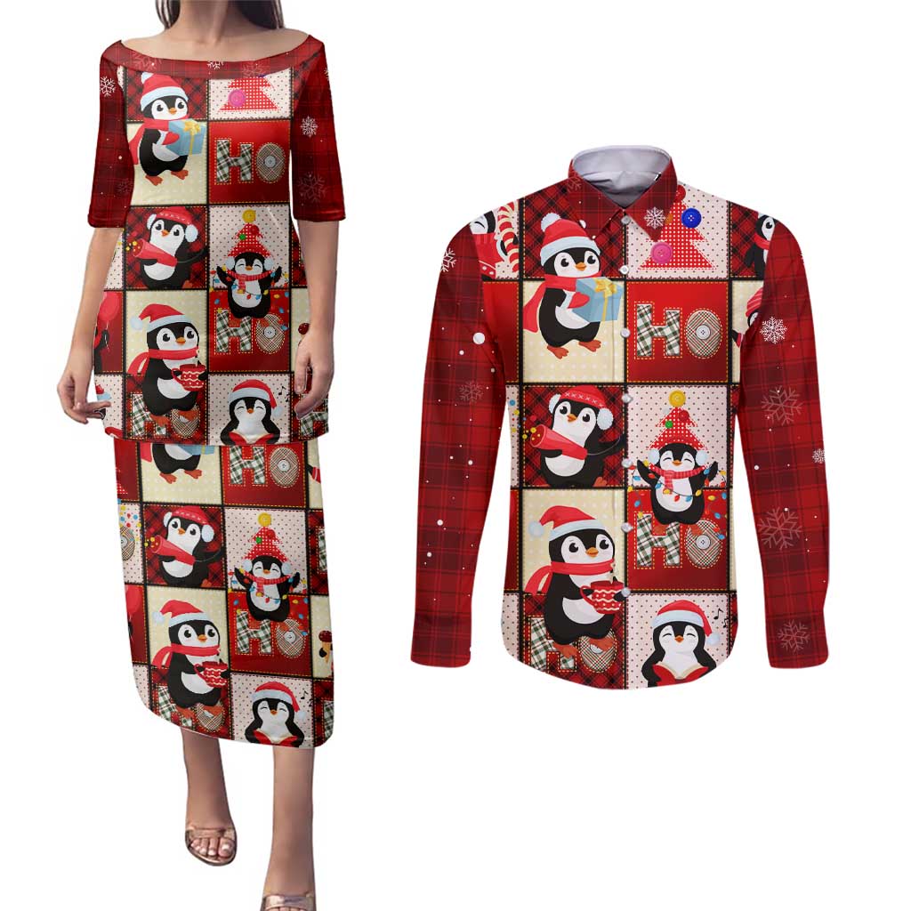 Cute Christmas Penguin Couples Matching Puletasi and Long Sleeve Button Shirt Cozy Winter Ho Ho Ho Holiday Fun - Wonder Print Shop
