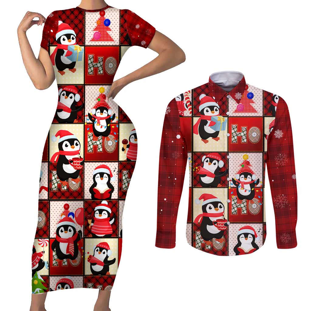 Cute Christmas Penguin Couples Matching Short Sleeve Bodycon Dress and Long Sleeve Button Shirt Cozy Winter Ho Ho Ho Holiday Fun - Wonder Print Shop