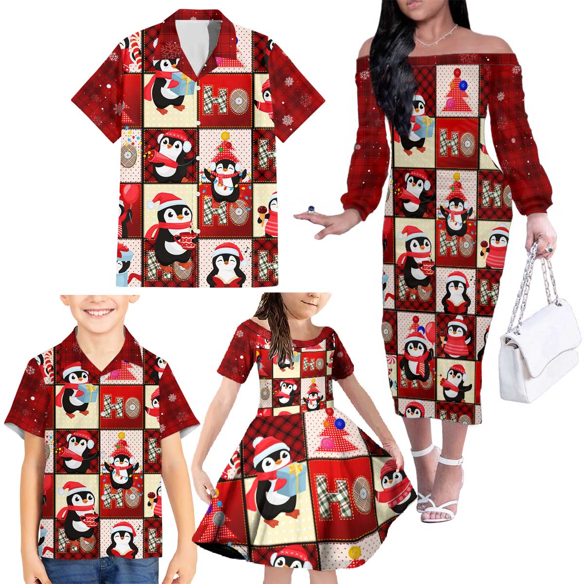 Cute Christmas Penguin Family Matching Off The Shoulder Long Sleeve Dress and Hawaiian Shirt Cozy Winter Ho Ho Ho Holiday Fun - Wonder Print Shop