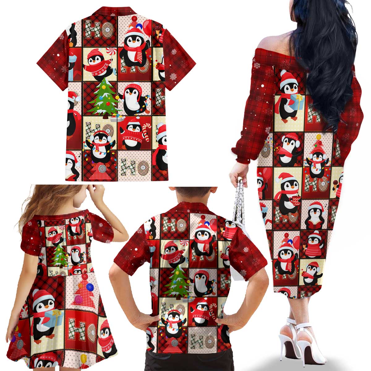 Cute Christmas Penguin Family Matching Off The Shoulder Long Sleeve Dress and Hawaiian Shirt Cozy Winter Ho Ho Ho Holiday Fun - Wonder Print Shop