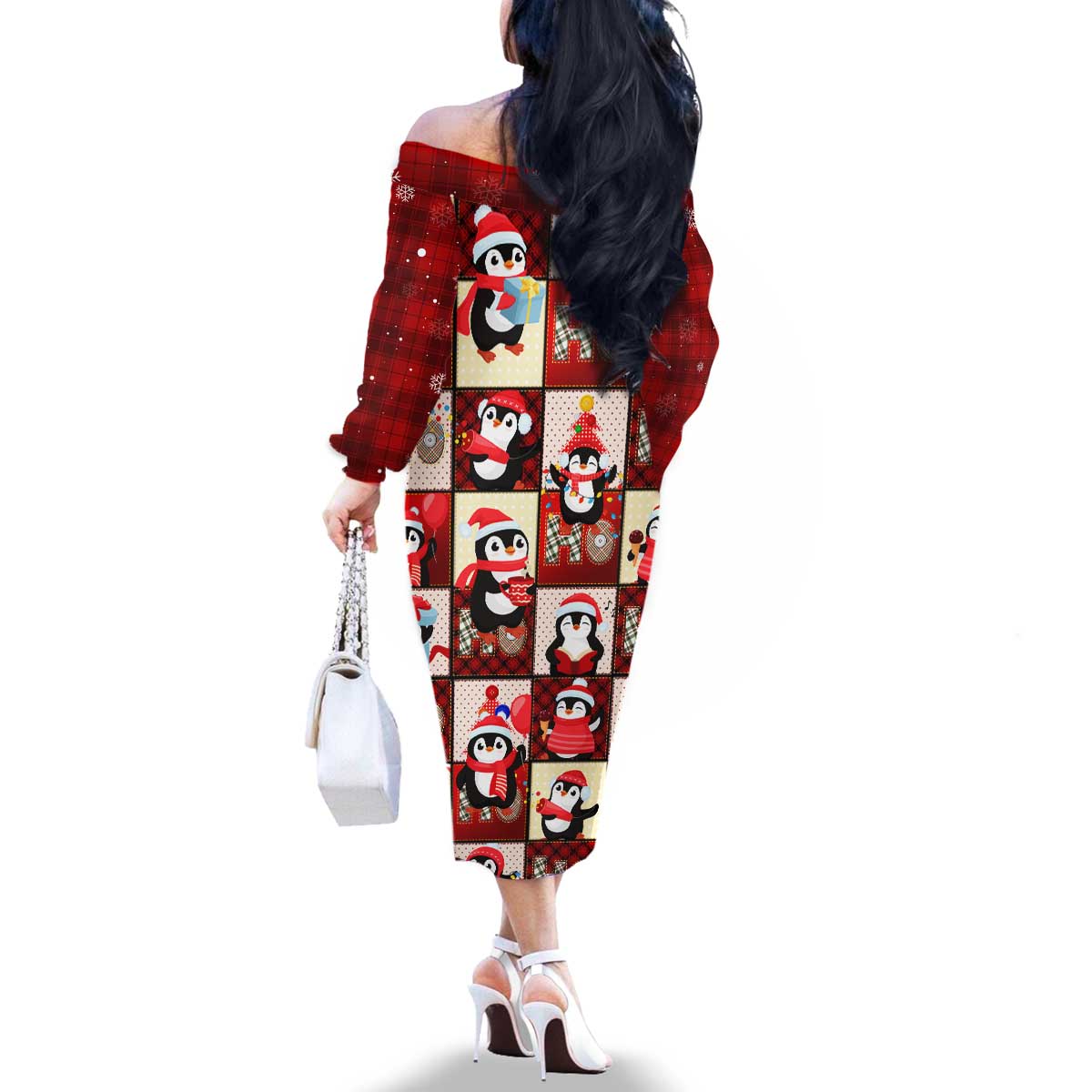 Cute Christmas Penguin Family Matching Off The Shoulder Long Sleeve Dress and Hawaiian Shirt Cozy Winter Ho Ho Ho Holiday Fun - Wonder Print Shop