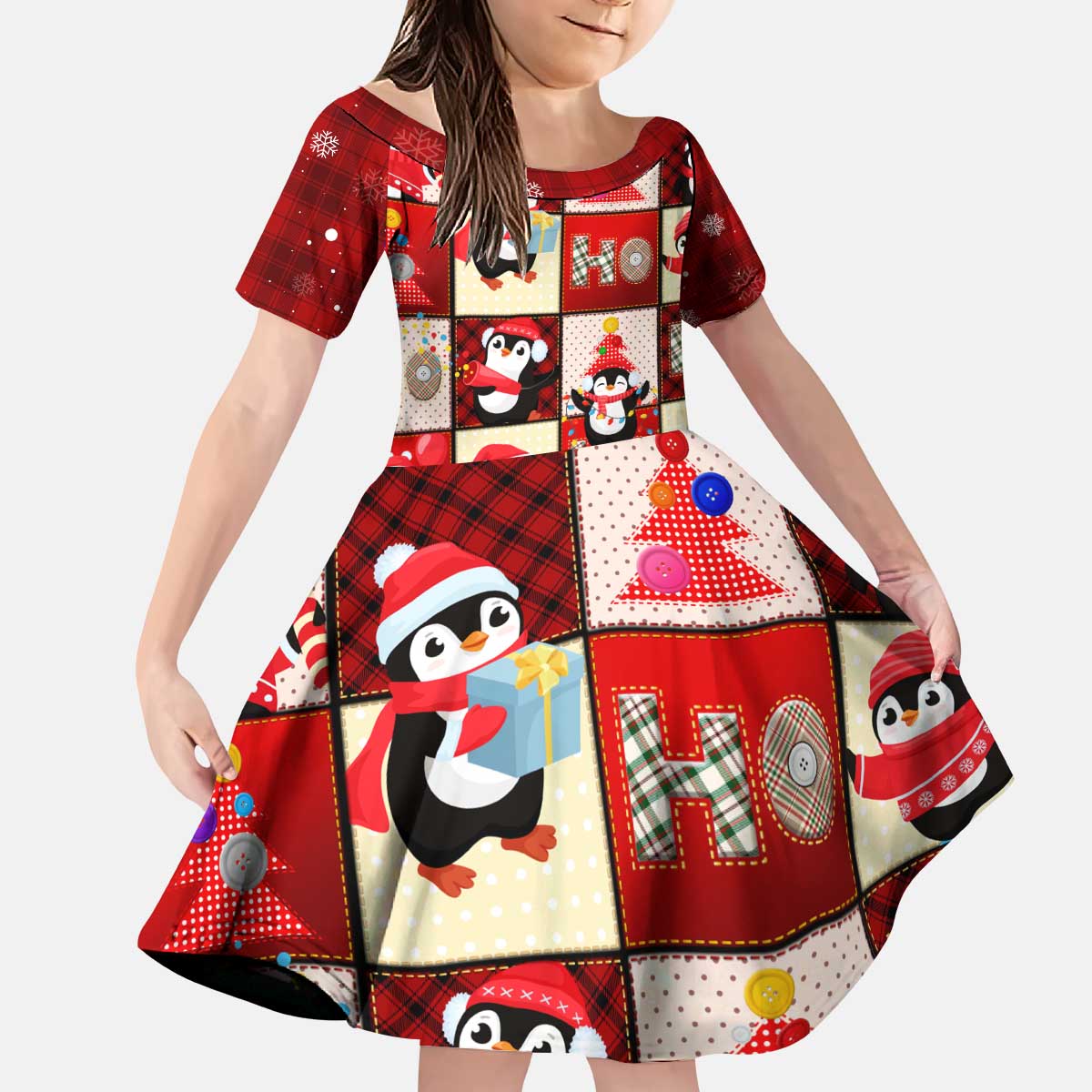 Cute Christmas Penguin Kid Short Sleeve Dress Cozy Winter Ho Ho Ho Holiday Fun - Wonder Print Shop