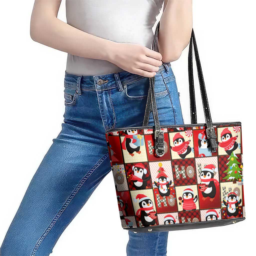 Cute Christmas Penguin Leather Tote Bag Cozy Winter Ho Ho Ho Holiday Fun - Wonder Print Shop