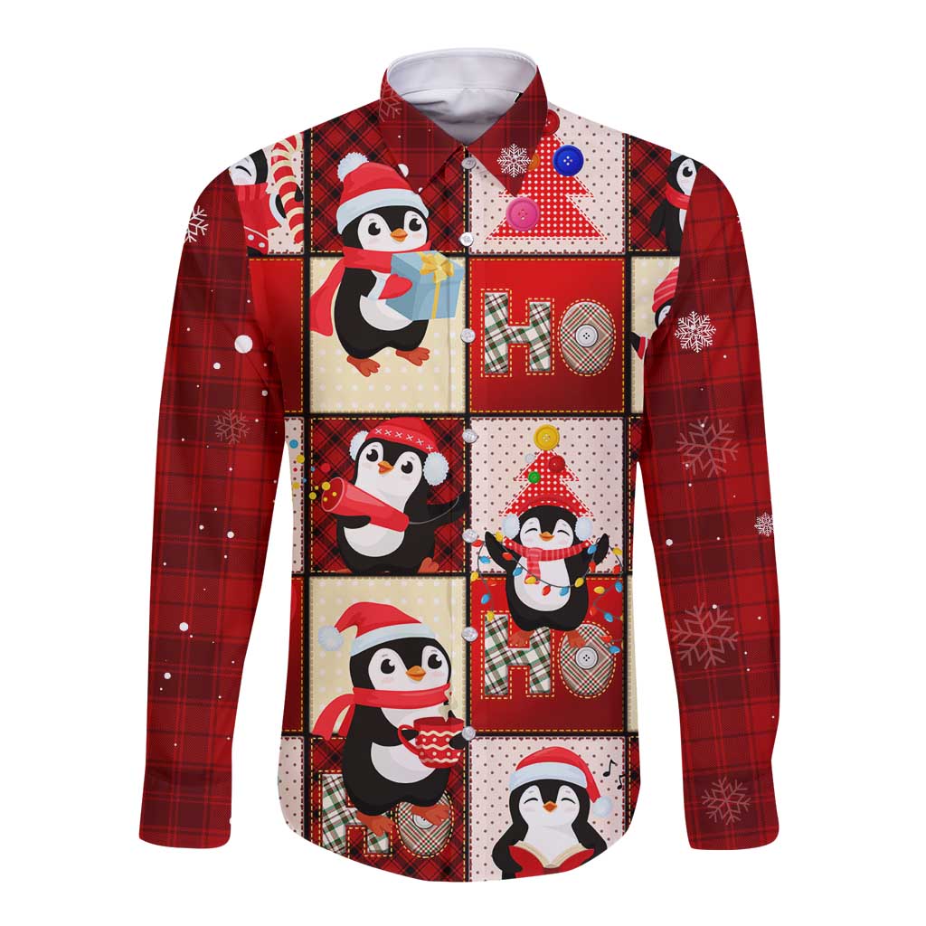 Cute Christmas Penguin Long Sleeve Button Shirt Cozy Winter Ho Ho Ho Holiday Fun - Wonder Print Shop
