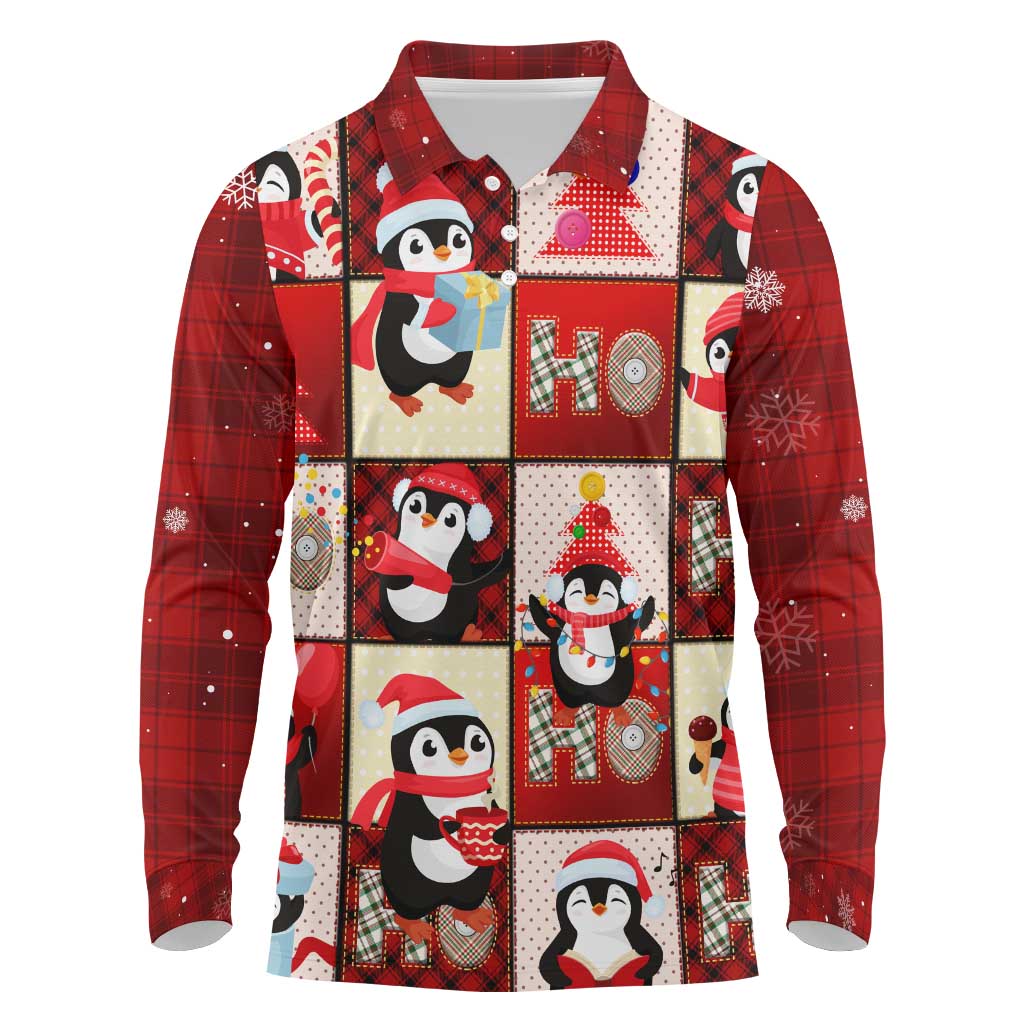 Cute Christmas Penguin Long Sleeve Polo Shirt Cozy Winter Ho Ho Ho Holiday Fun - Wonder Print Shop