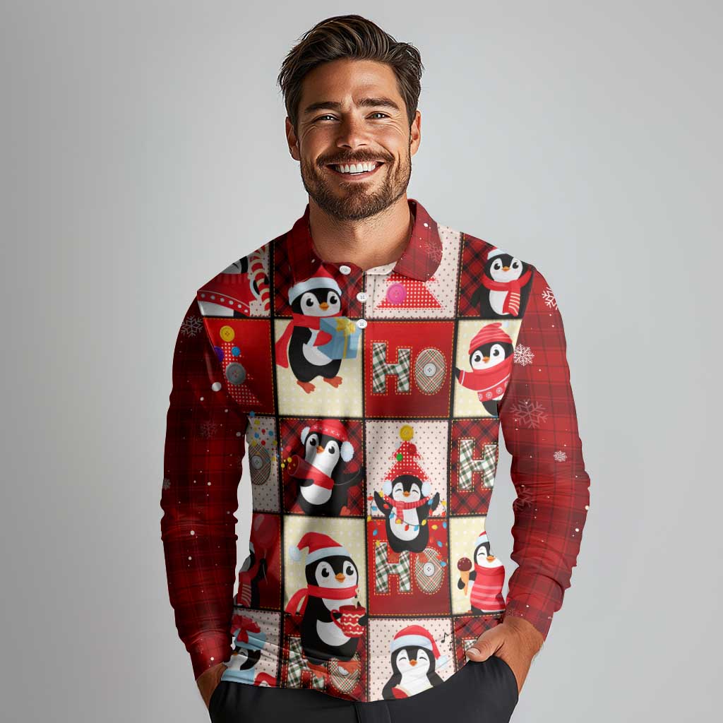 Cute Christmas Penguin Long Sleeve Polo Shirt Cozy Winter Ho Ho Ho Holiday Fun - Wonder Print Shop