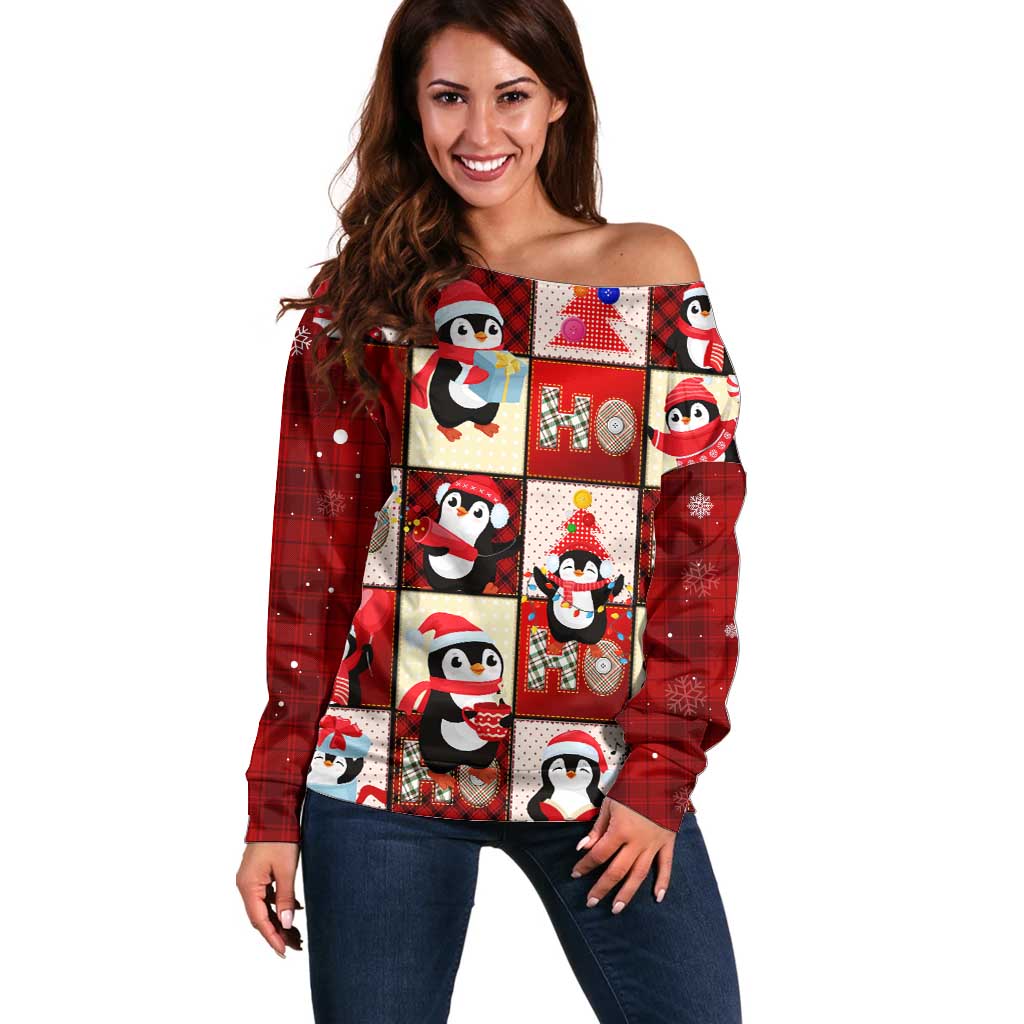 Cute Christmas Penguin Off Shoulder Sweater Cozy Winter Ho Ho Ho Holiday Fun - Wonder Print Shop