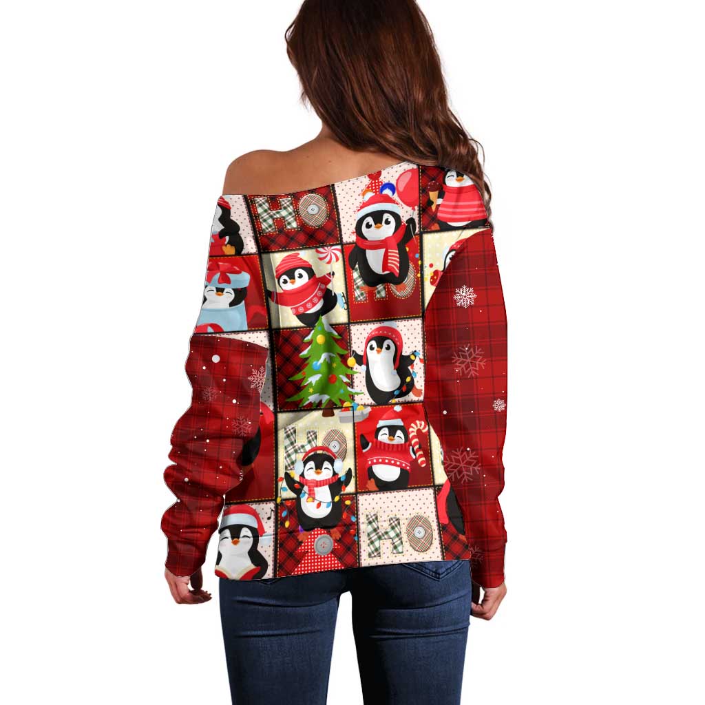 Cute Christmas Penguin Off Shoulder Sweater Cozy Winter Ho Ho Ho Holiday Fun - Wonder Print Shop