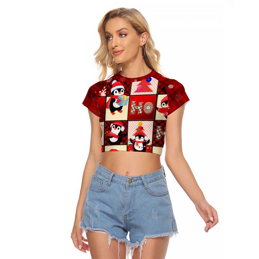 Cute Christmas Penguin Raglan Cropped T Shirt Cozy Winter Ho Ho Ho Holiday Fun - Wonder Print Shop