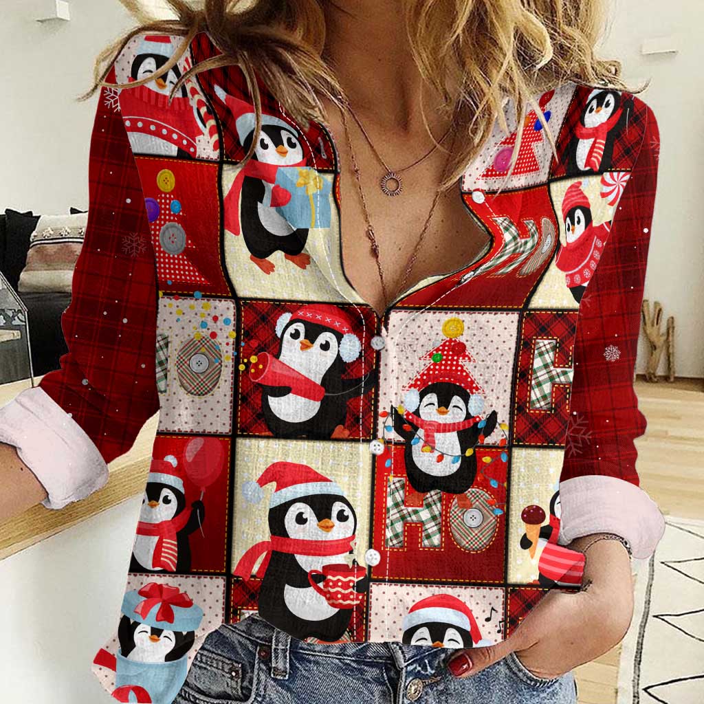 Cute Christmas Penguin Women Casual Shirt Cozy Winter Ho Ho Ho Holiday Fun - Wonder Print Shop