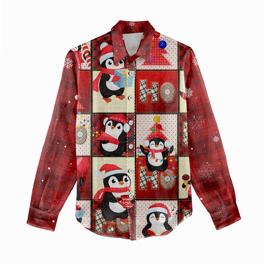 Cute Christmas Penguin Women Casual Shirt Cozy Winter Ho Ho Ho Holiday Fun - Wonder Print Shop