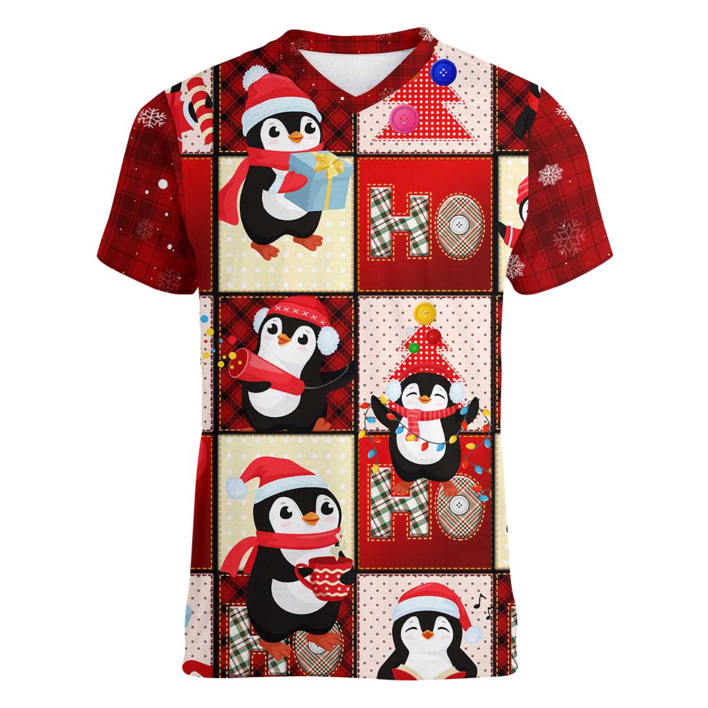 Cute Christmas Penguin Women V-Neck T-Shirt Cozy Winter Ho Ho Ho Holiday Fun - Wonder Print Shop