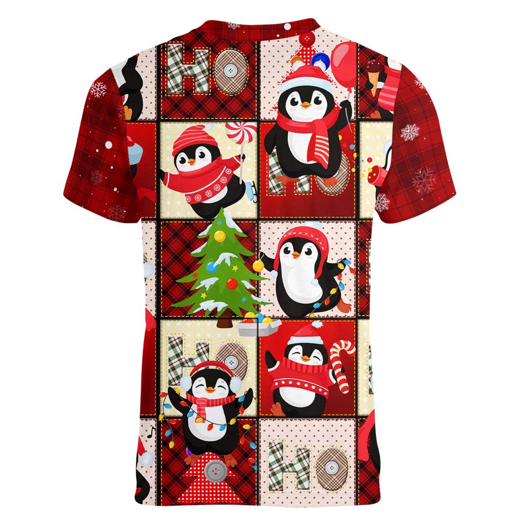 Cute Christmas Penguin Women V-Neck T-Shirt Cozy Winter Ho Ho Ho Holiday Fun - Wonder Print Shop