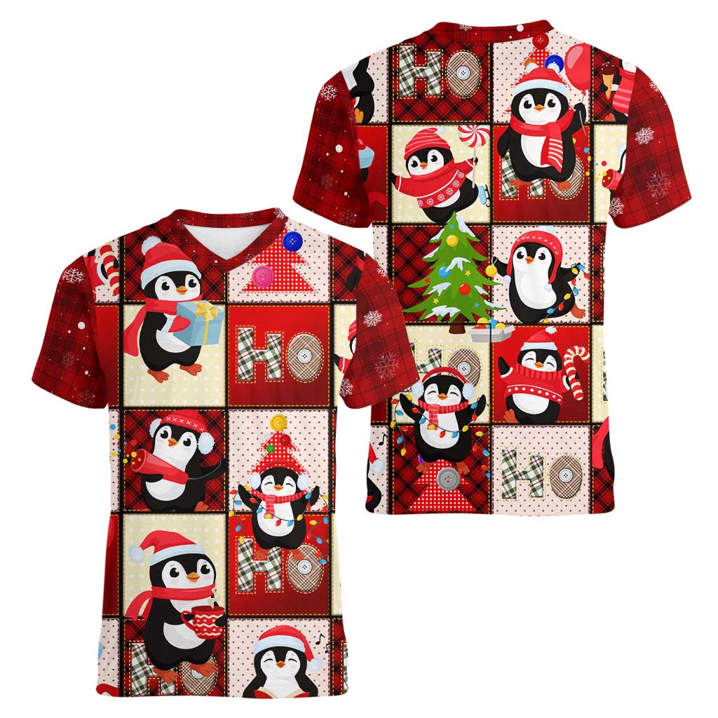 Cute Christmas Penguin Women V-Neck T-Shirt Cozy Winter Ho Ho Ho Holiday Fun - Wonder Print Shop