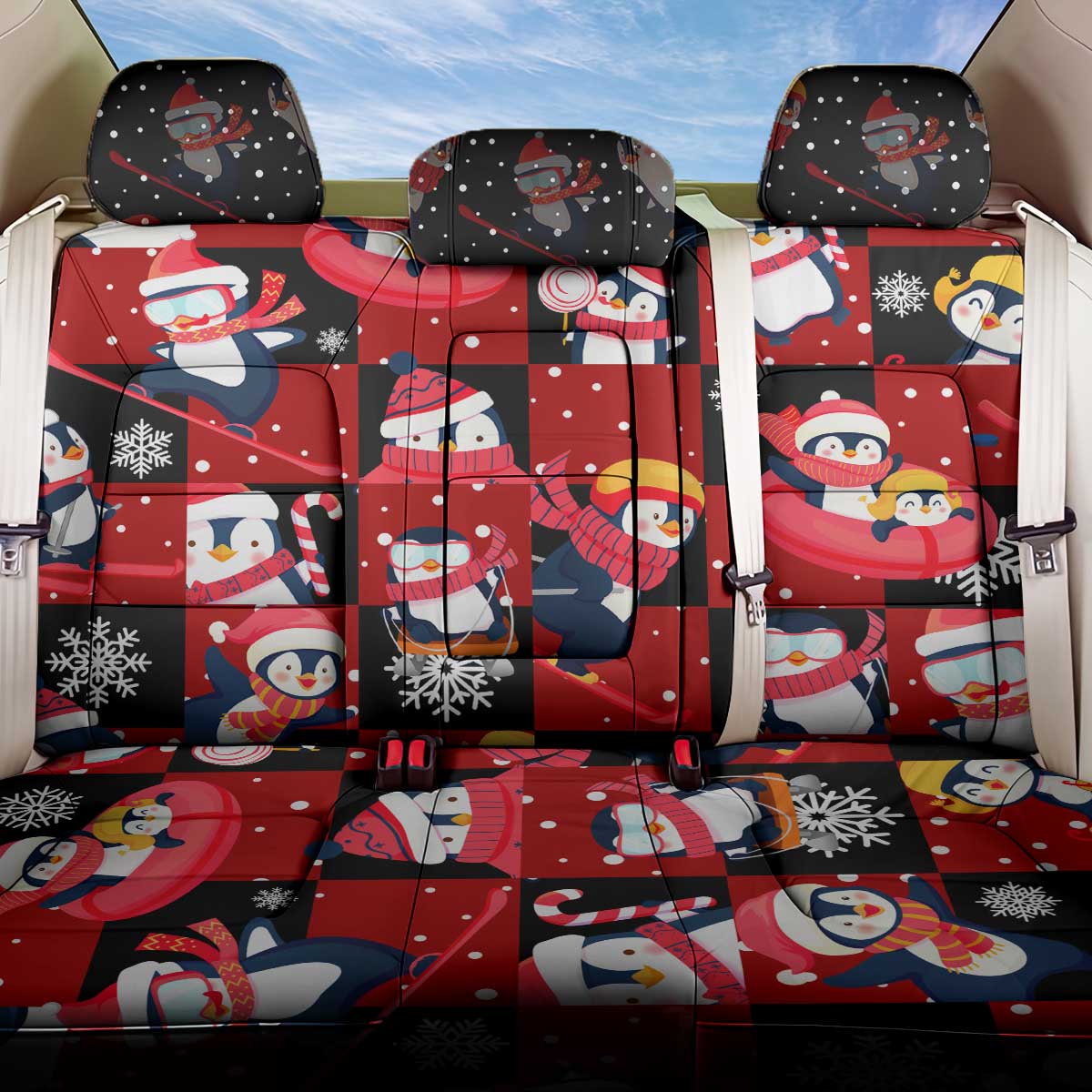 Penguin Winter Sports Christmas Back Car Seat Cover Cute Holiday Ski Snow Fun - Wonder Print Shop