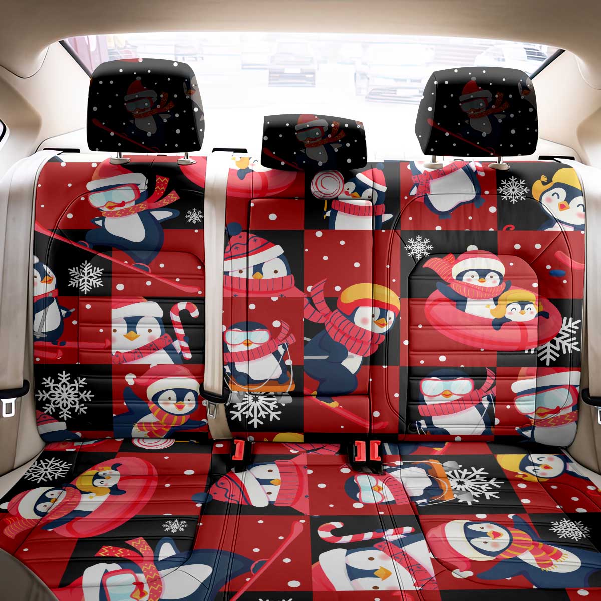Penguin Winter Sports Christmas Back Car Seat Cover Cute Holiday Ski Snow Fun - Wonder Print Shop