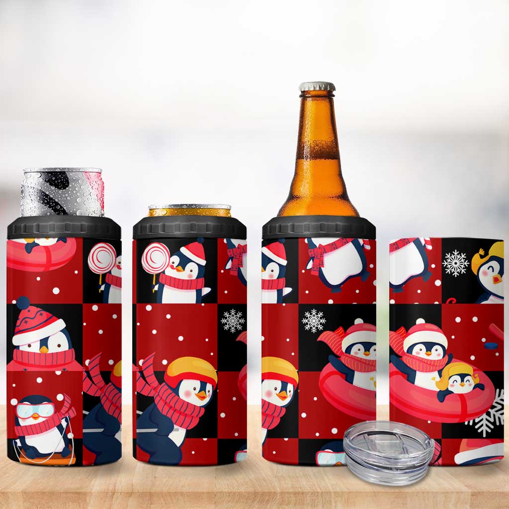 Penguin Winter Sports Christmas 4 in 1 Can Cooler Tumbler Cute Holiday Ski Snow Fun - Wonder Print Shop