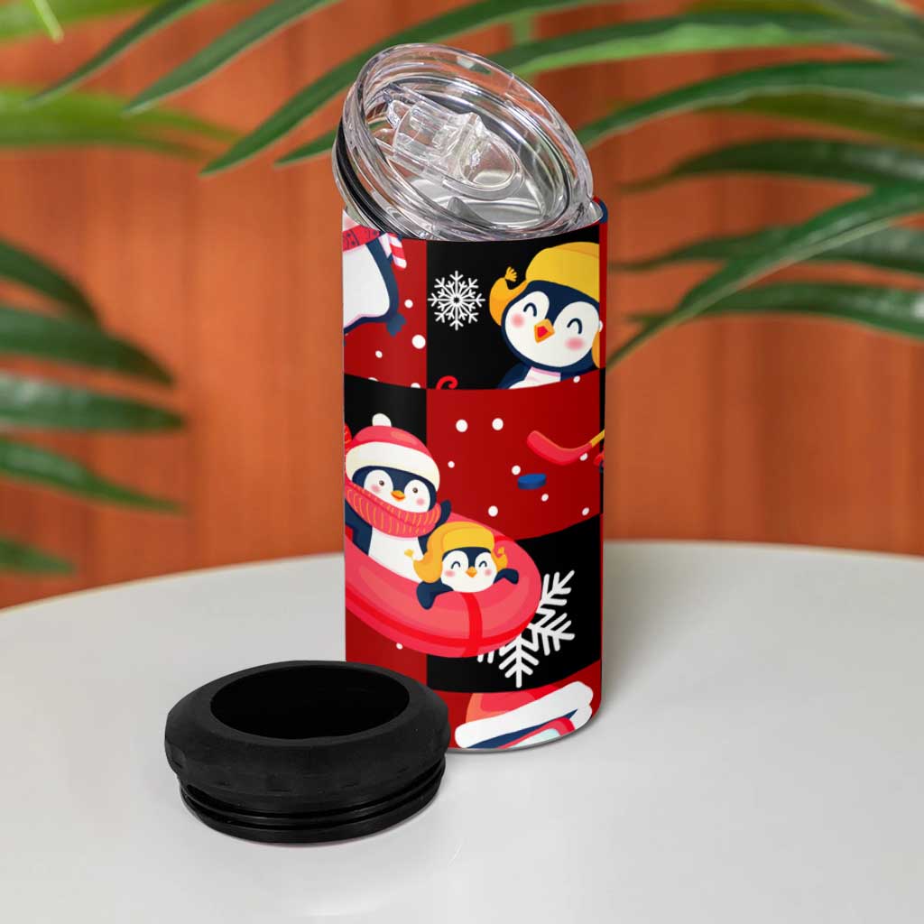 Penguin Winter Sports Christmas 4 in 1 Can Cooler Tumbler Cute Holiday Ski Snow Fun - Wonder Print Shop
