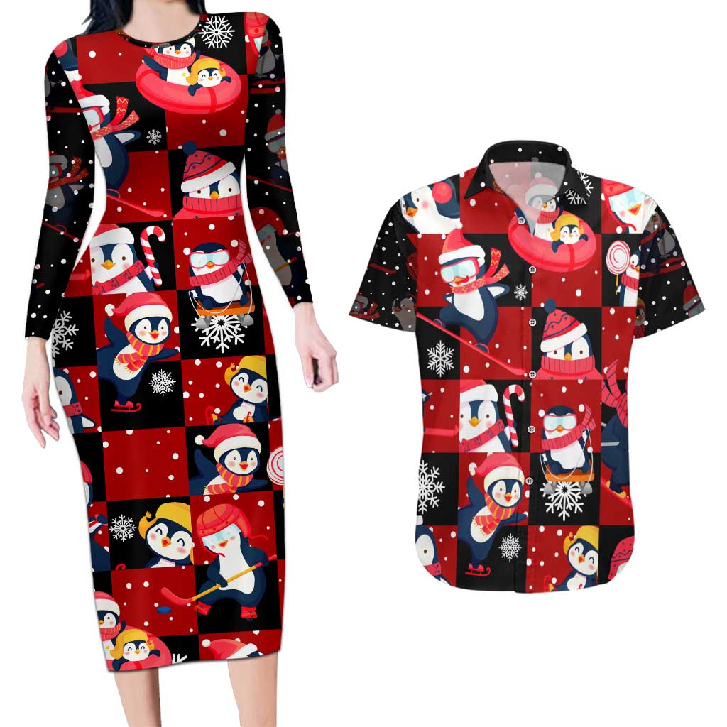 Penguin Winter Sports Christmas Couples Matching Long Sleeve Bodycon Dress and Hawaiian Shirt Cute Holiday Ski Snow Fun - Wonder Print Shop