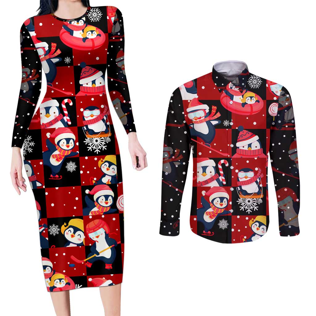 Penguin Winter Sports Christmas Couples Matching Long Sleeve Bodycon Dress and Long Sleeve Button Shirt Cute Holiday Ski Snow Fun - Wonder Print Shop