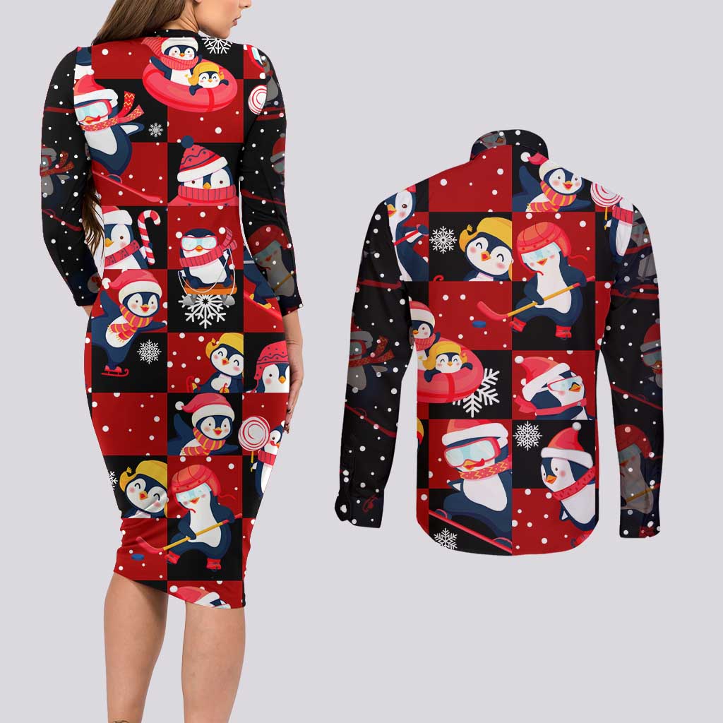 Penguin Winter Sports Christmas Couples Matching Long Sleeve Bodycon Dress and Long Sleeve Button Shirt Cute Holiday Ski Snow Fun - Wonder Print Shop