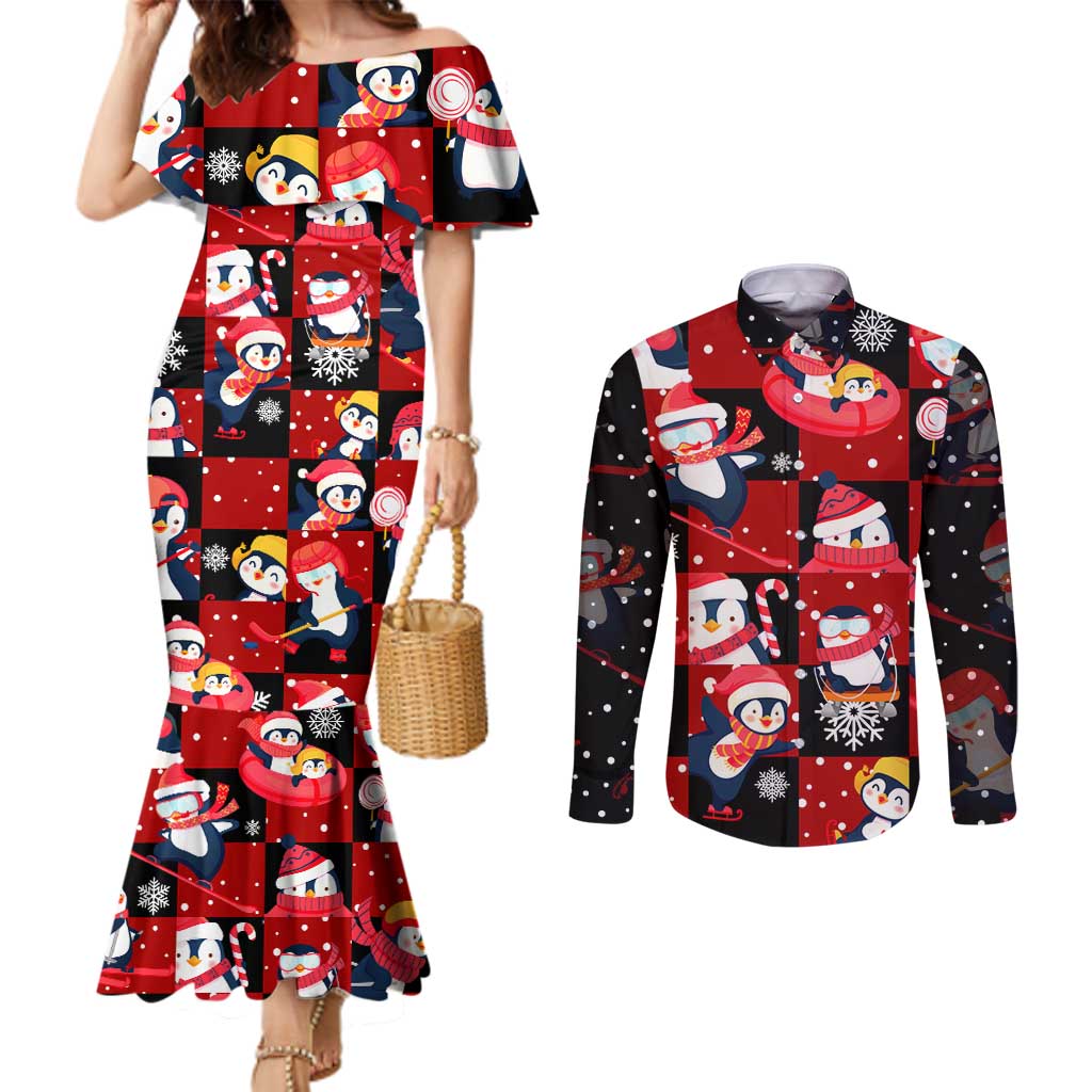 Penguin Winter Sports Christmas Couples Matching Mermaid Dress and Long Sleeve Button Shirt Cute Holiday Ski Snow Fun - Wonder Print Shop