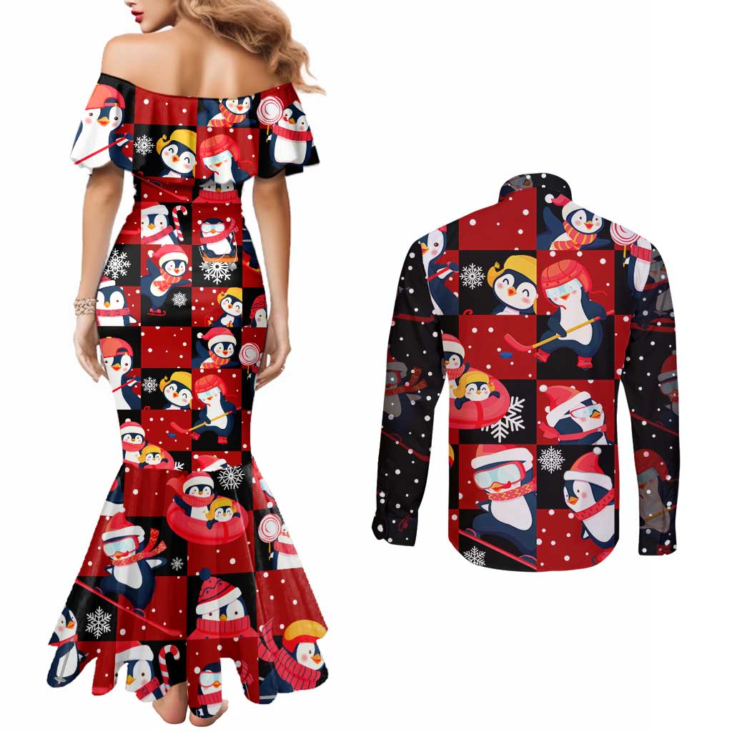 Penguin Winter Sports Christmas Couples Matching Mermaid Dress and Long Sleeve Button Shirt Cute Holiday Ski Snow Fun - Wonder Print Shop