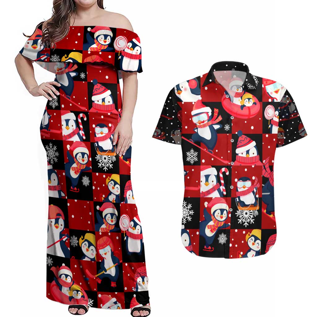 Penguin Winter Sports Christmas Couples Matching Off Shoulder Maxi Dress and Hawaiian Shirt Cute Holiday Ski Snow Fun - Wonder Print Shop
