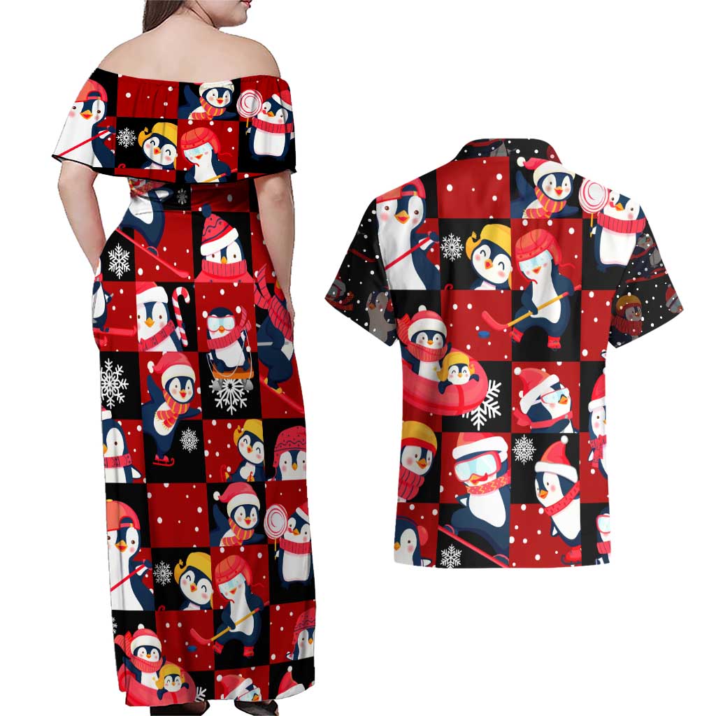Penguin Winter Sports Christmas Couples Matching Off Shoulder Maxi Dress and Hawaiian Shirt Cute Holiday Ski Snow Fun - Wonder Print Shop