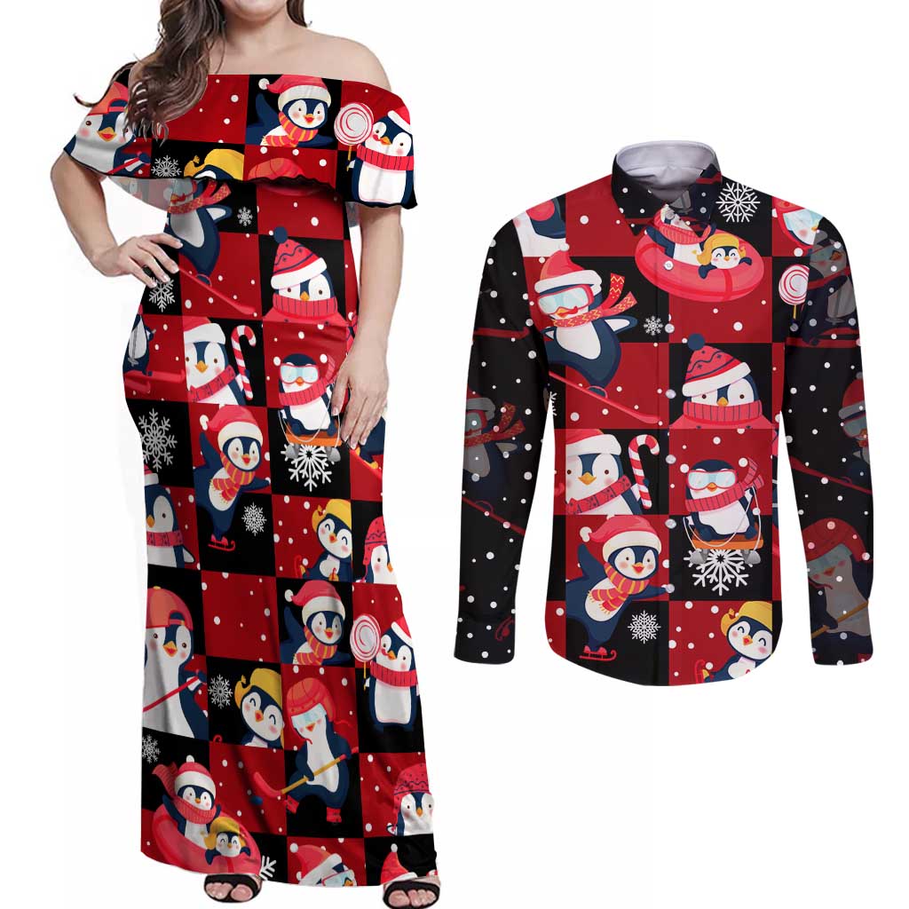 Penguin Winter Sports Christmas Couples Matching Off Shoulder Maxi Dress and Long Sleeve Button Shirt Cute Holiday Ski Snow Fun - Wonder Print Shop