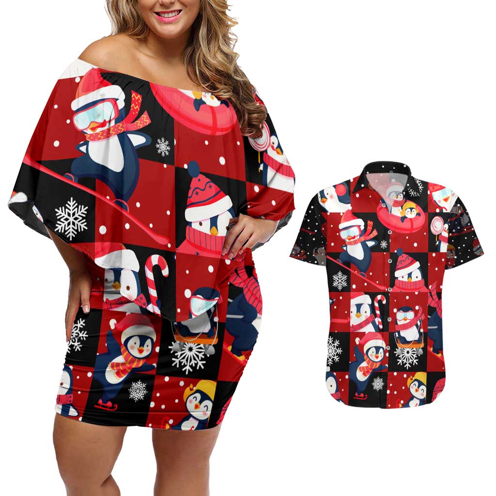 Penguin Winter Sports Christmas Couples Matching Off Shoulder Short Dress and Hawaiian Shirt Cute Holiday Ski Snow Fun - Wonder Print Shop